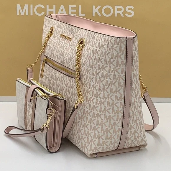 MICHAEL KORS Medium Zip Front Logo Chain Tote Bag & LARGE DOUBLE ZIP WRISTLET - Picture 13 of 16